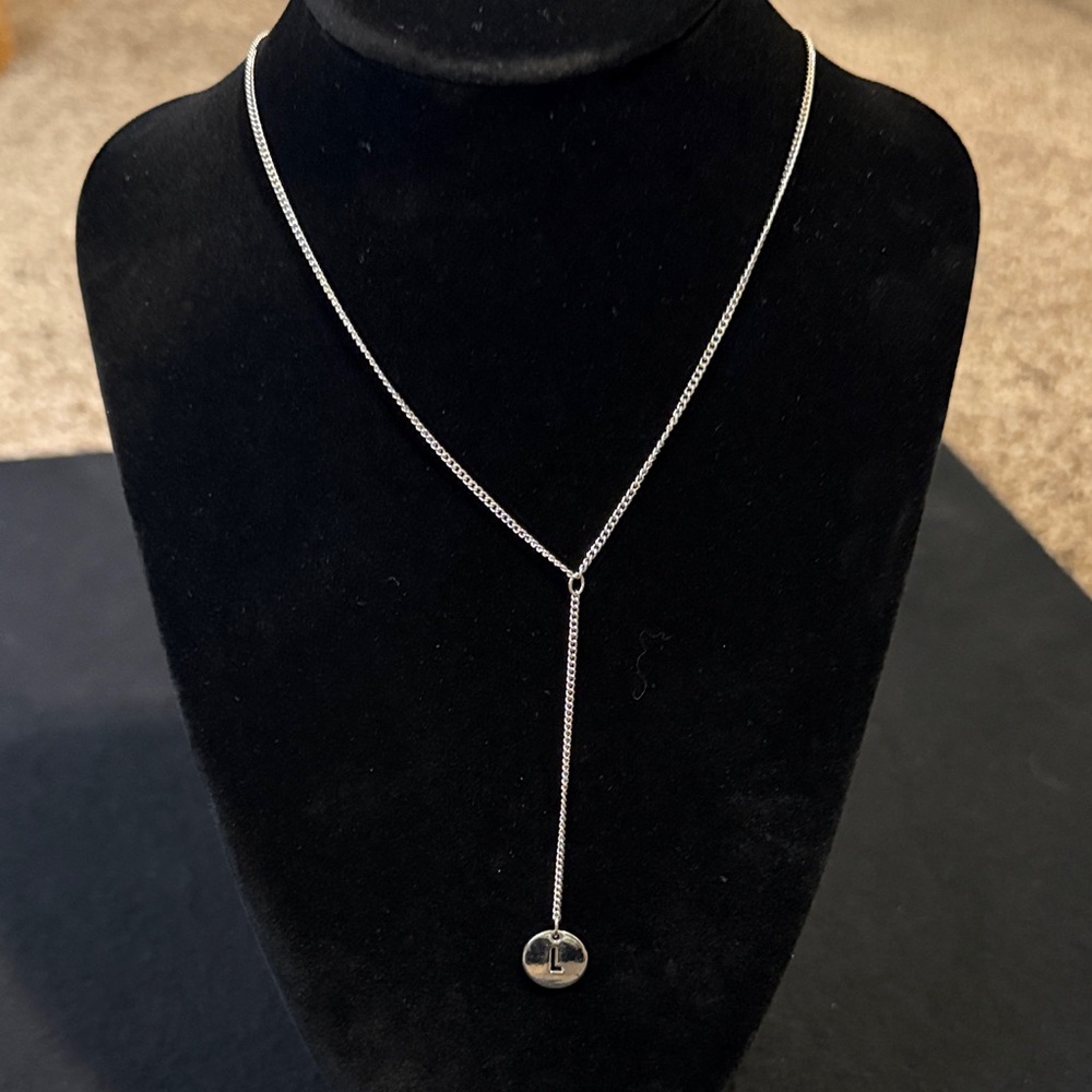 American Eagle Outfitters Silver Tone Disc Y-Necklace with Letter “L” Pendant